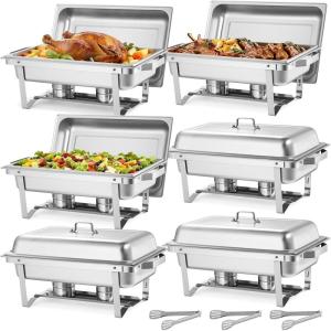 imageVEVOR Rectangle Chafing Dishes 9 Qt 4 Pack Stainless Steel Chafing Dish Food Warmer Chafer Complete Set with Hollow Handle 2 Food Tongs Lid Fuel Holder Chafer Dishes for Banquet Party Wedding6 PACKS