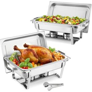 imageVEVOR Rectangle Chafing Dishes 9 Qt 4 Pack Stainless Steel Chafing Dish Food Warmer Chafer Complete Set with Hollow Handle 2 Food Tongs Lid Fuel Holder Chafer Dishes for Banquet Party Wedding2 PACKS