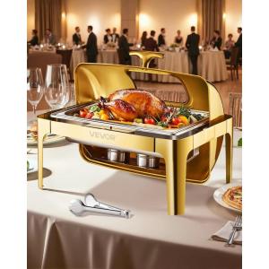 imageVEVOR Roll Top Chafing Dish Buffet Complete Set 9Qt Stainless Steel Chafer with Full Size Pan Rectangle Catering Warmer Server with Visible Lid Water Pan Folding Stand Fuel Holder Meal Clip GoldGold