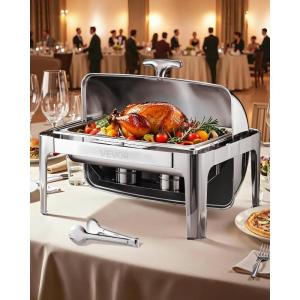 imageVEVOR Roll Top Chafing Dish Buffet Complete Set 9Qt Stainless Steel Chafer with Full Size Pan Rectangle Catering Warmer Server with Visible Lid Water Pan Folding Stand Fuel Holder Meal Clip GoldSilver