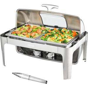 imageVEVOR Roll Top Chafing Dish Buffet Complete Set 9Qt Stainless Steel Chafer with Full Size Pan Rectangle Catering Warmer Server with Visible Lid Water Pan Folding Stand Fuel Holder Meal Clip GoldRoll Top