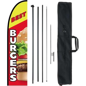 imageVEVOR Burgers Feather Flag with Pole Kit 163 Feet Advertising Flags for Business Outside with Fiberglass Pole Ground Stake Restaurant Swooper Flag Banner Pole Kit Best Burgers Feather Flag