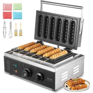 imageVEVOR Commercial Waffle Stick Maker 6PCS 1500W Waffle Baker Machine NonStick Stainless Steel Corn Hot Dog Waffle Iron with Temp and Time Control Handle for Restaurant Bakery Snack Bar FamilyHot Dog Waffle