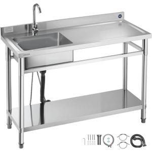 imageVEVOR Stainless Steel Utility Sink Free Standing Single Bowl Commercial Kitchen Sink with Faucet Utility Right Basin Workbench with Hot ampamp Cold Water Pipe for Garage Restaurant Laundry 47x197x37 in