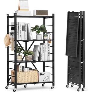 imageVEVOR 4Tier Foldable Storage Shelf 26W x 13D x 46H Inch Folding Metal Rack Shelving Unit No Assembly Organizer Shelf with 5 Wheels ampamp 4 Hooks for Pantry Kitchen Garage Basement BlackBlack