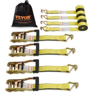 imageVEVOR Ratchet Tie Down Straps 4PK 5000lbs Breaking Strength 215 Heavy Duty Tie Down Straps with J Hook ampamp Padded Handles for Moving Motorcycle Trailer ampamp TrucksYellow