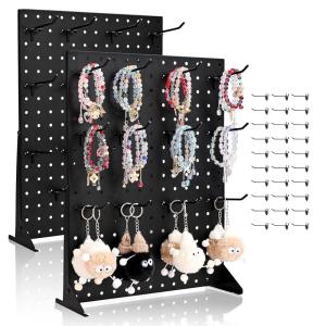 imageVEVOR Rotating Pegboard Display Stand 74 x 74 x 17 in 4Sided Spinning Peg Board Display with 24 Hooks Thickened ColdRolled Steel Craft Rack Organizer for Grocery Retail Store Jewelry Shop Black2 PCS