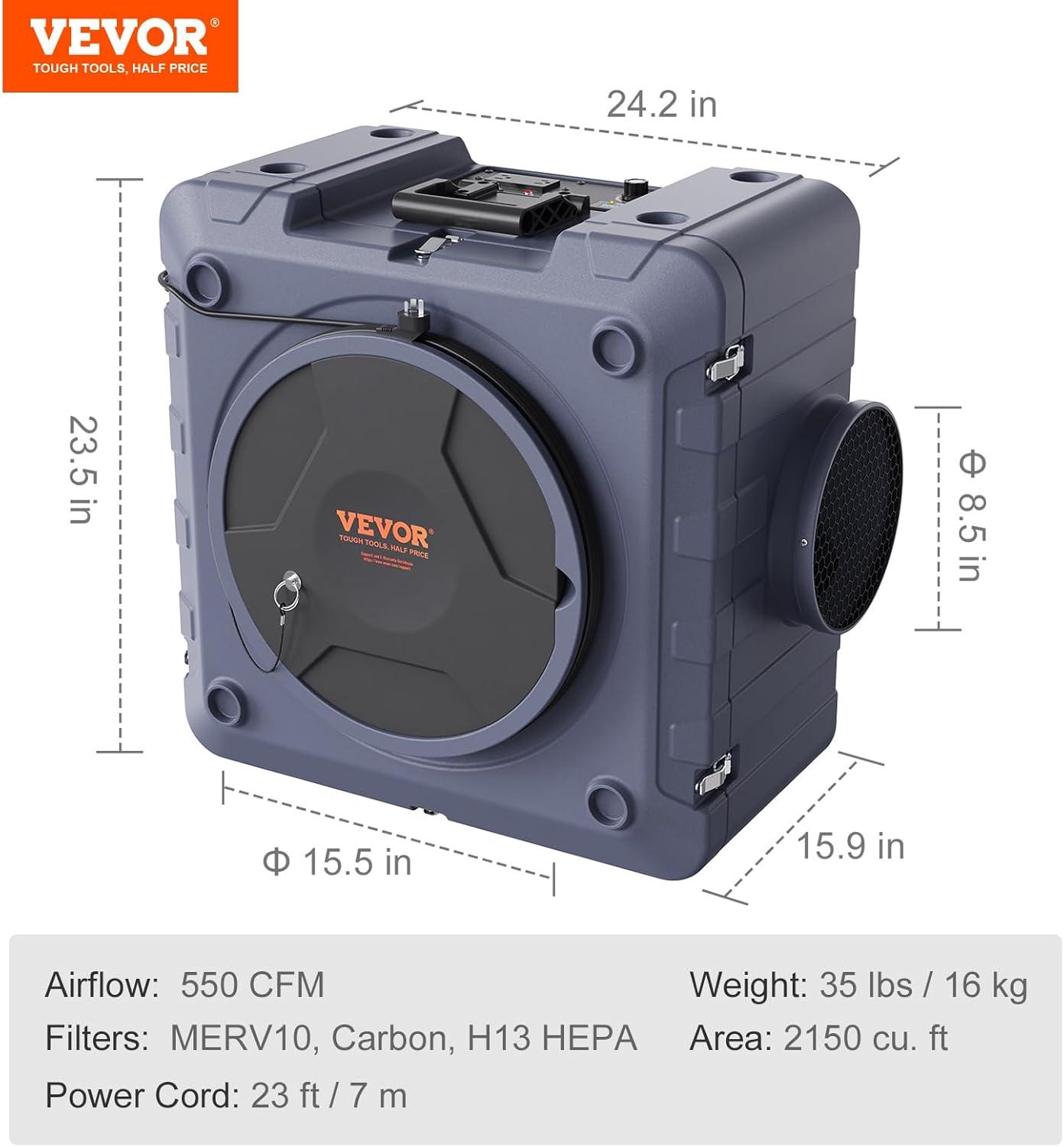 imageVEVOR Air Scrubber with 3Stage Filtration Stackable Negative Air Machine 550 CFM Air Cleaner with MERV10 Carbon H13 HEPA for Home Industrial and Commercial Use550CFM