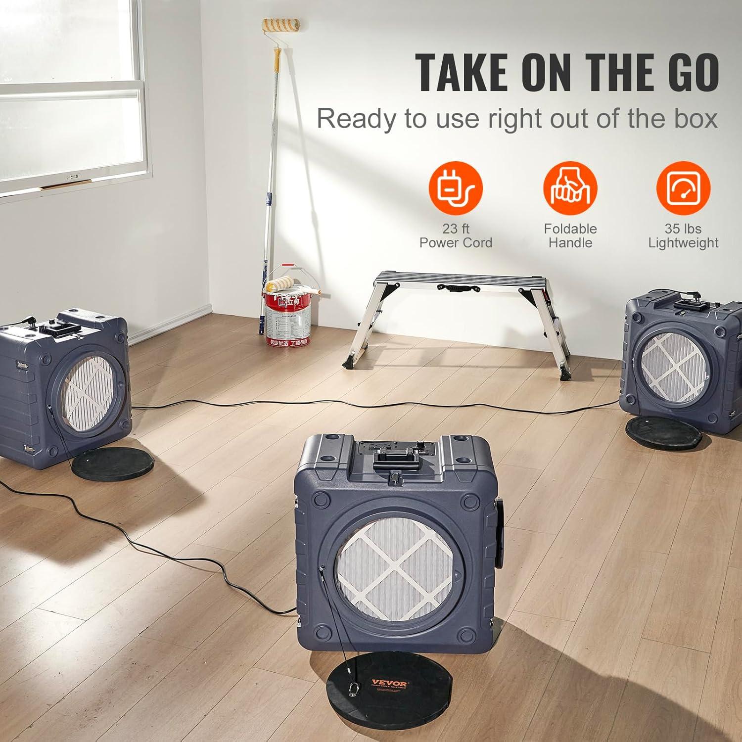 imageVEVOR Air Scrubber with 3Stage Filtration Stackable Negative Air Machine 550 CFM Air Cleaner with MERV10 Carbon H13 HEPA for Home Industrial and Commercial Use800CFM