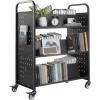 imageVEVOR Rolling Library Book Cart 330 lbs Capacity 303 x 15 x 480Inch Library Cart Single Sided VShaped Shelves with 3Inch Lockable Wheels Book Truck for Home Shelves Office and School BlackBlack