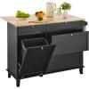 imageVEVOR Kitchen Island Cart 50quot Wood Top Breakfast Bar with Trash Cabinet Tilt Out 10 Gallon Storage Farmhouse Dining Living Room Table with Drop Leaf Towel Bar Drawer Black50inchBlack
