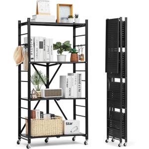 imageVEVOR 3Tier Foldable Storage Shelf 30W x 13D x 36H Inch Folding Metal Rack Shelving Unit No Assembly Organizer Shelf with 5 Wheels ampamp 4 Hooks for Pantry Kitchen Garage Basement Black4Tier