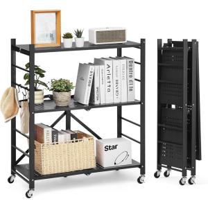 imageVEVOR 3Tier Foldable Storage Shelf 30W x 13D x 36H Inch Folding Metal Rack Shelving Unit No Assembly Organizer Shelf with 5 Wheels ampamp 4 Hooks for Pantry Kitchen Garage Basement Black3Tier