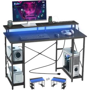 imageVEVOR 47quot Computer Desk with LED Lights ampamp Power Outlets Gaming Table with 4 Large Drawers Office Desk with Monitor Stand Study Work Home Office Small Spaces Black47 Regular