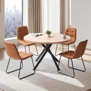 imageVEVOR 5Piece Dining Table Set SpaceSaving Round Kitchen Table with 4 Upholstered Orange Chairs PU Leather Cushions Modern WoodTone Desk with Adjustable Foot Pads for Dining Room Small Spaces