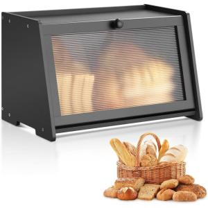 imageVEVOR Bread Box for Kitchen Counter Large Capacity Bamboo Bread Storage Container Farmhouse Wooden Breadbox Organizer for Homemade Bread Storage Holder Bin with Acrylic Wavy Door Panel Black