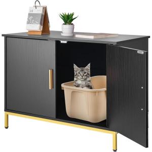 imageVEVOR Cat Litter Box Enclosure Furniture 276 in Hidden Litter Box Cabinet with Metal Legs ampamp 2Tier Storage Shelves Waterproof Washroom Cat House Fit Most of Litterbox for Living RoomBlack