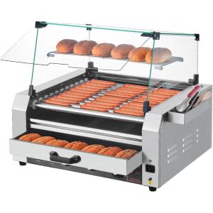 imageVEVOR Hot Dog Roller 18 Hot Dog 7 Rollers Stainless Steel Sausage Grill Cooker 1200W Hot Dog Machine with Bun Warmer Cover 3 Temp Control Side Storage Box Oil Drip Tray for Home ampamp Commercial11 RollersBun Warmer