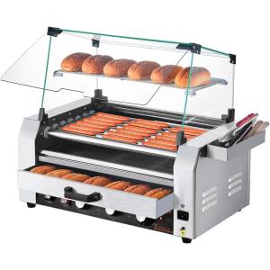 imageVEVOR Hot Dog Roller 18 Hot Dog 7 Rollers Stainless Steel Sausage Grill Cooker 1200W Hot Dog Machine with Bun Warmer Cover 3 Temp Control Side Storage Box Oil Drip Tray for Home ampamp Commercial7 RollersBun Warmer