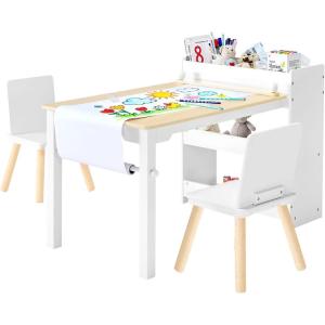 imageVEVOR Kids Art Table and 2 Chairs 2in1 Toddler Craft and Play Activity Table Wood Toddler Table and Chair Set with A Cabinet for Art Craft Reading LearningWhite