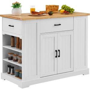 imageVEVOR Kitchen Island Cart 50quot Wood Top Breakfast Bar with Trash Cabinet Tilt Out 10 Gallon Storage Farmhouse Dining Living Room Table with Drop Leaf Towel Bar Drawer Black46inchWhite