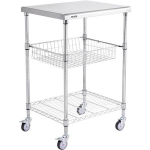imageVEVOR Kitchen Utility Cart 366quotx20quotx24quot 3 Tiers Wire Rolling Cart 470LBS Capacity Steel Service Cart with Brake Wheels Storage Trolley with 76mm Basket PP Liner 6 Hooks for Indoor ampamp Outdoor UseDrawer Cart
