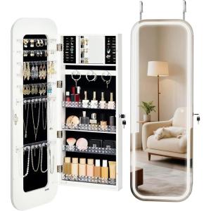 imageVEVOR Mirror Jewelry Cabinet 472Inch Tall Lockable Jewelry Armoire with FullLength Mirror WallDoor Mounted Organizer with LED Lights and Velvet Lining BrownWhite with LED