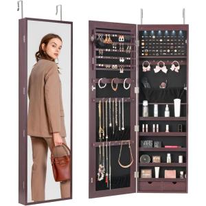 imageVEVOR Mirror Jewelry Cabinet 472Inch Tall Lockable Jewelry Armoire with FullLength Mirror WallDoor Mounted Organizer with LED Lights and Velvet Lining BrownBrown