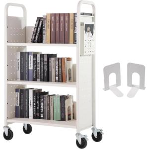 imageVEVOR Rolling Library Book Cart 330 lbs Capacity 303 x 15 x 480Inch Library Cart Single Sided VShaped Shelves with 3Inch Lockable Wheels Book Truck for Home Shelves Office and School BlackCream