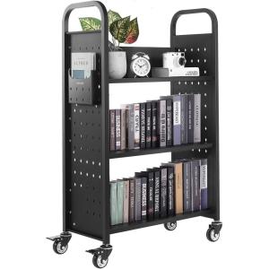 imageVEVOR Rolling Library Book Cart 330 lbs Capacity 303 x 15 x 480Inch Library Cart Single Sided VShaped Shelves with 3Inch Lockable Wheels Book Truck for Home Shelves Office and School BlackBlack