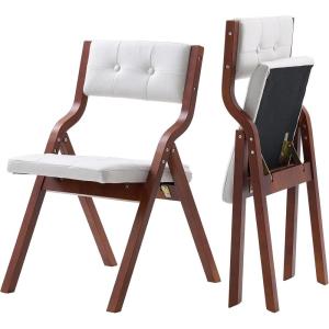 imageVEVOR Wooden Folding Chairs with Leather Cushion Set of 2 Portable Foldable Cushion Chair with Wooden Frame Easy Assembly Modern Leather Padded Dining Chair for Office Wedding Party Home BlackWalnutbeige