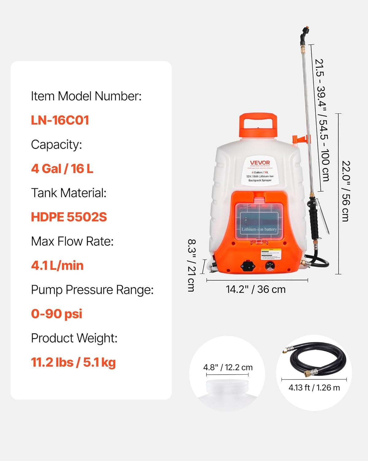 imageVEVOR Battery Powered Backpack Sprayer 4 Gallons Electric Lawn Sprayer with 8 Nozzles ampamp 2 Telescopic Wands 90PSI Adjustable Pressure 46 Hour Runtime Yard Sprayers for Lawn and Garden