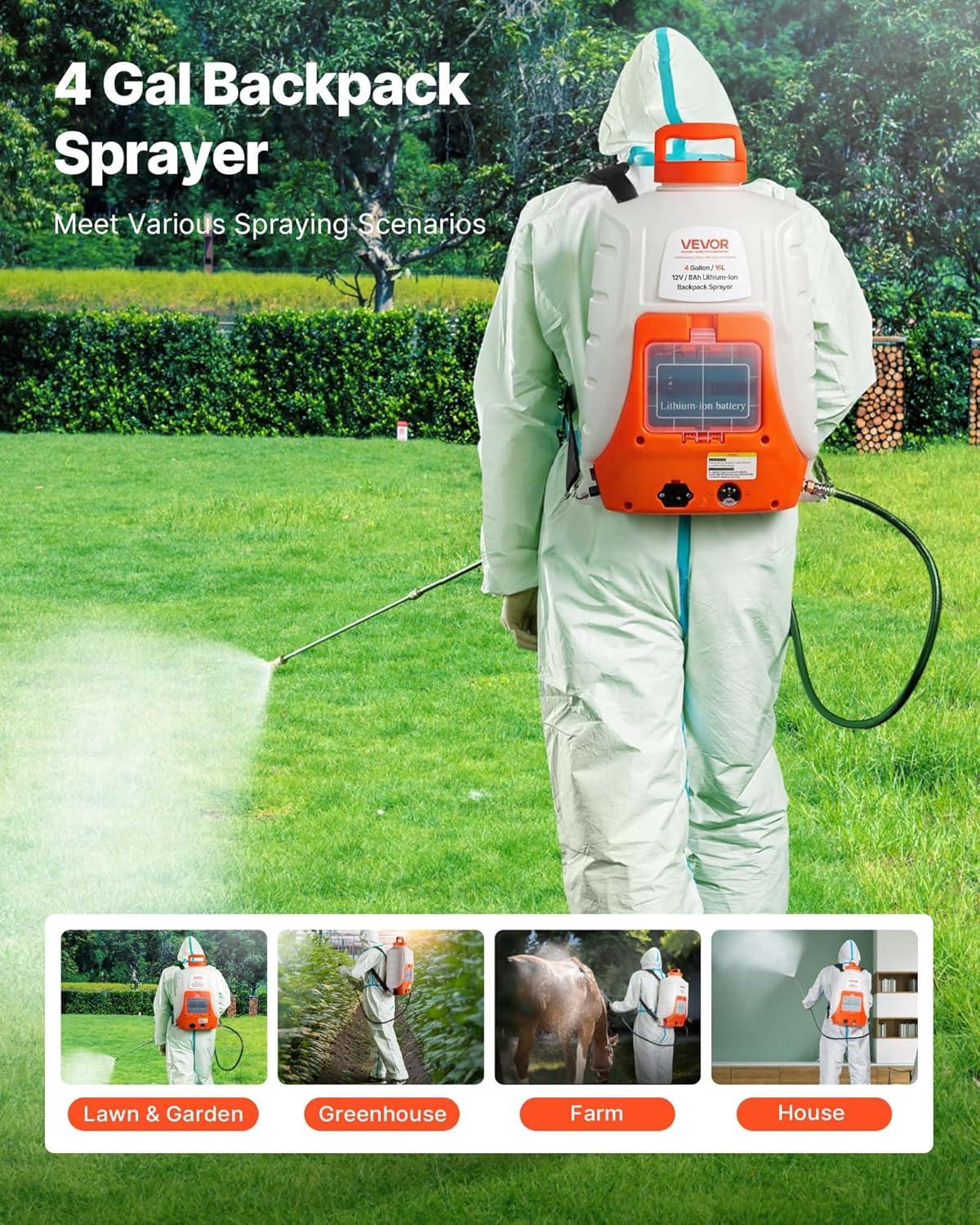 imageVEVOR Battery Powered Backpack Sprayer 4 Gallons Electric Lawn Sprayer with 8 Nozzles ampamp 2 Telescopic Wands 90PSI Adjustable Pressure 46 Hour Runtime Yard Sprayers for Lawn and Garden