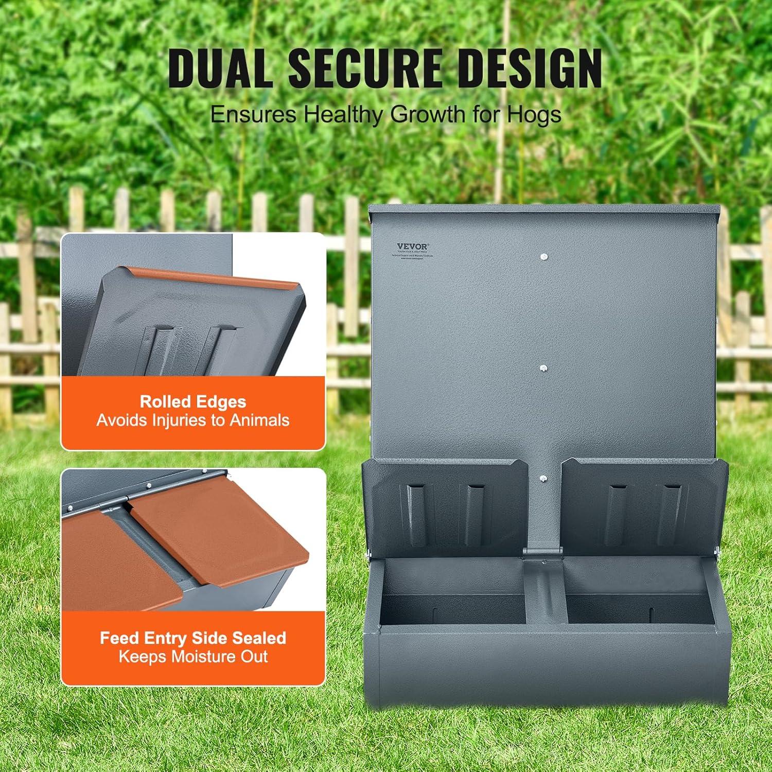 imageVEVOR Hog Feeder 37 Bushel Capacity Double Door Pig Feeder Heavy Duty Steel Piglets Feeder Multipurpose Trough Creep Feeder Outdoor Livestock Feeder Farm Accessory for Feeding up to 8 Hogs37 Bushel