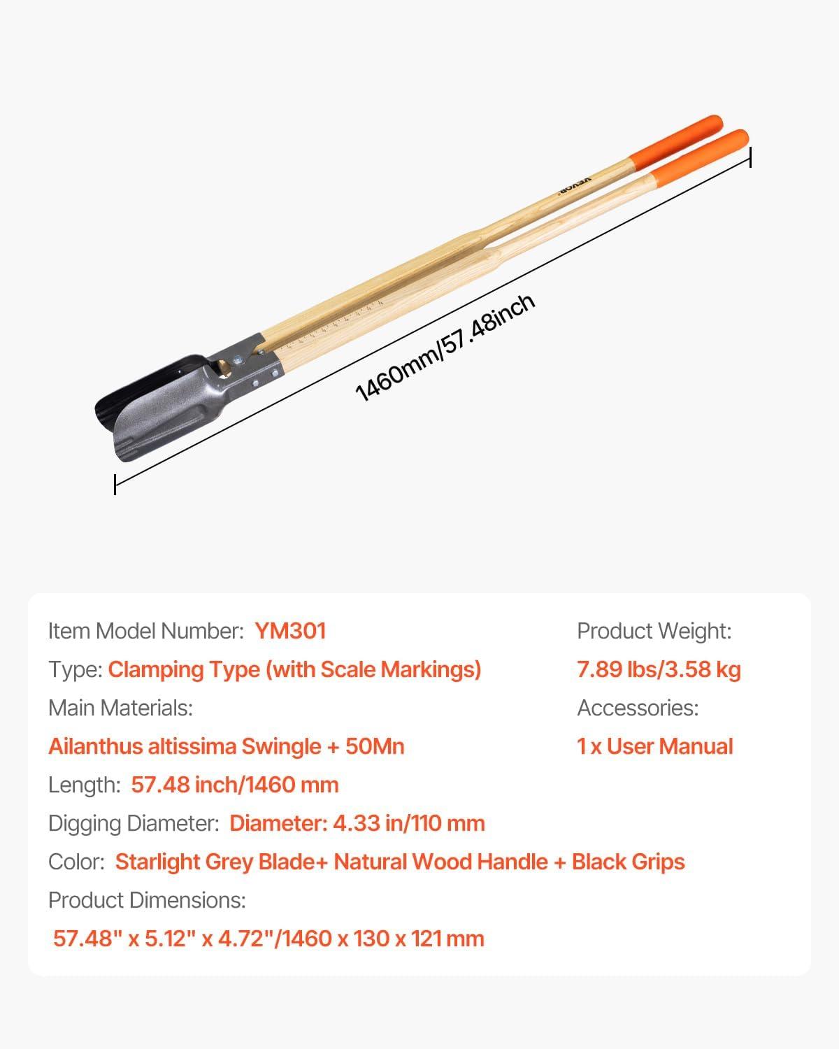 imageVEVOR Post Hole Digger Heavy Duty Post Hole Digger with Carbon Steel Handle Manual Hole Digger with Scale Markings and Metal Blade Post Hole Digger Tool for Digging Gardening Outdoors 575InchHardwood