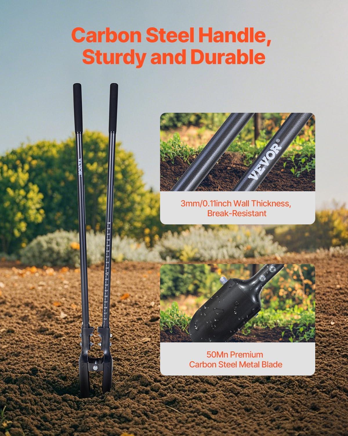 imageVEVOR Post Hole Digger Heavy Duty Post Hole Digger with Carbon Steel Handle Manual Hole Digger with Scale Markings and Metal Blade Post Hole Digger Tool for Digging Gardening Outdoors 575InchCarbon Steel