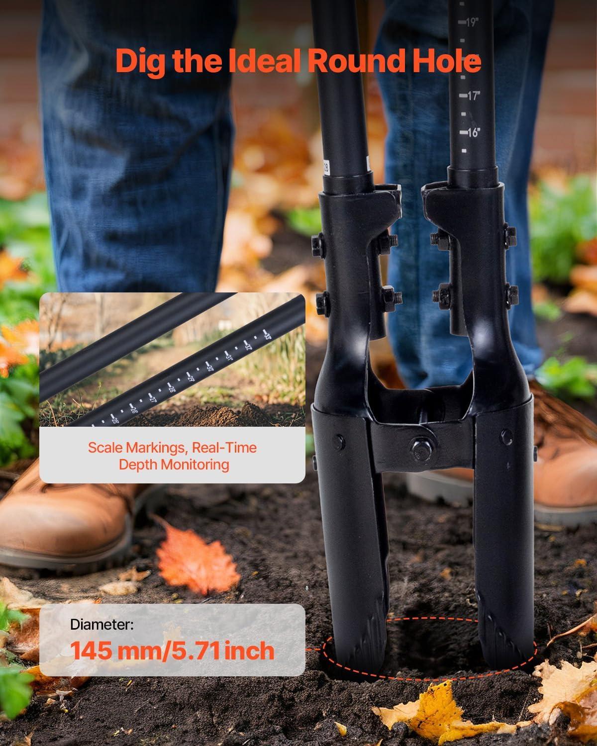 imageVEVOR Post Hole Digger Heavy Duty Post Hole Digger with Carbon Steel Handle Manual Hole Digger with Scale Markings and Metal Blade Post Hole Digger Tool for Digging Gardening Outdoors 575InchFiberglass