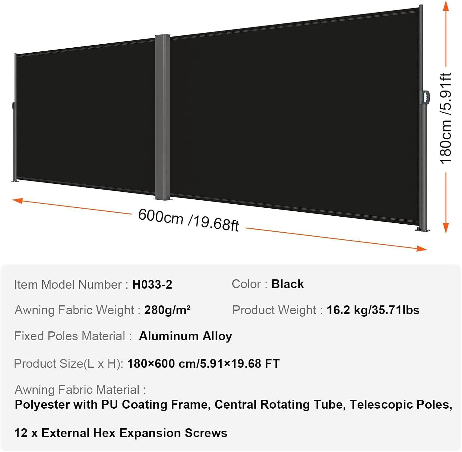 imageVEVOR Retractable Side Awning UV 50 71x 236 Full Aluminum RustProof Patio Sunshine Screen 280 g Thicken Privacy Divider ampamp Wind Screen for Courtyard Balcony Roof Terraces and Pools BlackBlack