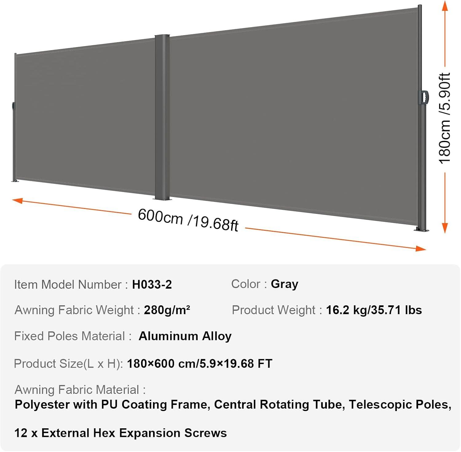 imageVEVOR Retractable Side Awning UV 50 71x 236 Full Aluminum RustProof Patio Sunshine Screen 280 g Thicken Privacy Divider ampamp Wind Screen for Courtyard Balcony Roof Terraces and Pools BlackGray