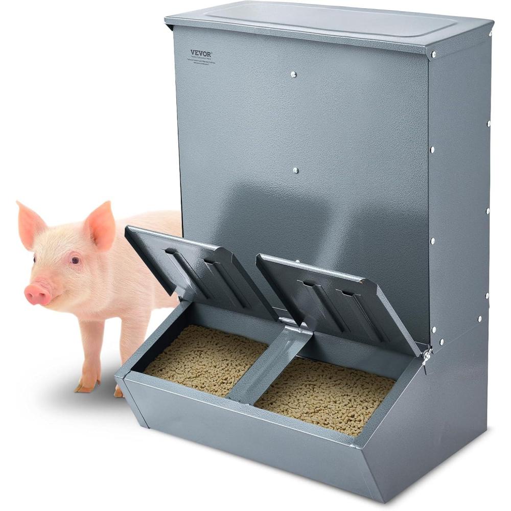 imageVEVOR Hog Feeder 37 Bushel Capacity Double Door Pig Feeder Heavy Duty Steel Piglets Feeder Multipurpose Trough Creep Feeder Outdoor Livestock Feeder Farm Accessory for Feeding up to 8 Hogs37 Bushel