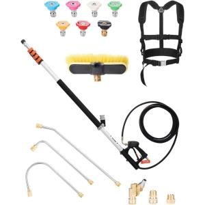 imageVEVOR Pressure Washer Telescoping Wand 24 ft 4000 psi Telescopic Spray Wand with Power Washer Extension Wands Gutter Cleaner Brush Head Pivoting Coupler 7 Spray Nozzles and Support Harness24FT with Brush Head