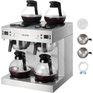 imageVEVOR Commercial Drip Coffee Maker 24 Cups CoffeeMaker Machine with 4 Glass Carafes and 4 Decanter Warmer Plates Stainless Steel DualHead Coffee Brewer for Restaurant Office Coffee Shop ampamp Home4 Warmer Plates