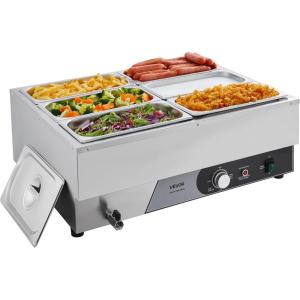 imageVEVOR Commercial Food Warmer 1500W Electric Stainless Steel Steam Food Warmer Fast Heating Countertop Buffet Bain Marie with Four 13 Size Food Pans for Catering Restaurants Parties ampamp Buffets613Pan15CM Depth