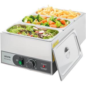imageVEVOR Commercial Food Warmer 1500W Electric Stainless Steel Steam Food Warmer Fast Heating Countertop Buffet Bain Marie with Four 13 Size Food Pans for Catering Restaurants Parties ampamp Buffets313Pan