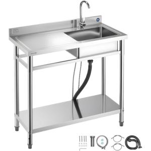 imageVEVOR Stainless Steel Utility Sink Free Standing Single Bowl Commercial Kitchen Sink with Faucet Utility Left Basin Workbench with Hot ampamp Cold Water Pipe for Garage Restaurant Laundry 47x197x37 in39 Left Drainboard