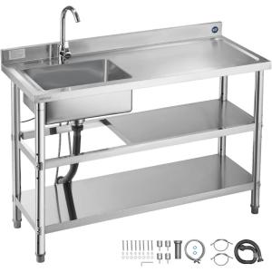 imageVEVOR Stainless Steel Utility Sink Free Standing Single Bowl Commercial Kitchen Sink with Faucet Utility Left Basin Workbench with Hot ampamp Cold Water Pipe for Garage Restaurant Laundry 47x197x37 in47 Triplelayer Right Drainage