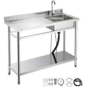 imageVEVOR Stainless Steel Utility Sink Free Standing Single Bowl Commercial Kitchen Sink with Faucet Utility Left Basin Workbench with Hot ampamp Cold Water Pipe for Garage Restaurant Laundry 47x197x37 in47 Left Drainboard