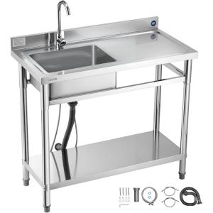 imageVEVOR Stainless Steel Utility Sink Free Standing Single Bowl Commercial Kitchen Sink with Faucet Utility Left Basin Workbench with Hot ampamp Cold Water Pipe for Garage Restaurant Laundry 47x197x37 in39 Right Drainboard