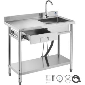 imageVEVOR Stainless Steel Utility Sink Free Standing Single Bowl Commercial Kitchen Sink with Faucet Utility Left Basin Workbench with Hot ampamp Cold Water Pipe for Garage Restaurant Laundry 47x197x37 in39inch Left Drainboard with Drawer