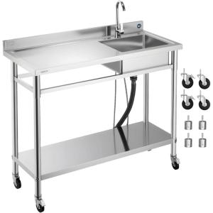 imageVEVOR Stainless Steel Utility Sink Free Standing Single Bowl Commercial Kitchen Sink with Faucet Utility Left Basin Workbench with Hot ampamp Cold Water Pipe for Garage Restaurant Laundry 47x197x37 in47 Left Drainboard with Casters
